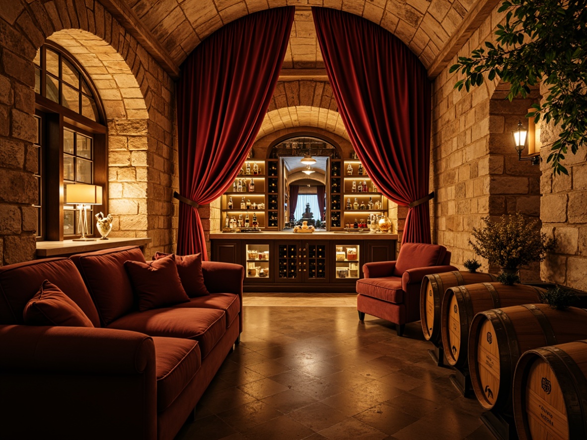 Prompt: Elegant wine cellar, rustic stone walls, rich wood accents, dimmable LED lighting, warm golden tones, soft ambient glow, intimate atmosphere, luxurious furnishings, velvet drapes, ornate metalwork, vintage wine barrels, glass-enclosed wine racks, sophisticated color palette, earthy scent, subtle shadows, low-key backlighting, dramatic spotlights, 1/2 composition, cinematic mood, realistic reflections, detailed textures.