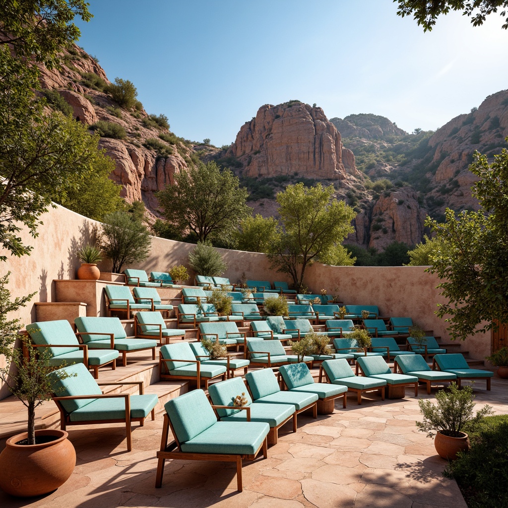 Prompt: Southwestern amphitheater, curved tiered seating, bold turquoise accents, rustic wooden benches, vibrant terra cotta planters, lush greenery, desert landscape, clear blue sky, warm sunny day, soft natural lighting, shallow depth of field, 3/4 composition, panoramic view, realistic textures, ambient occlusion, innovative ergonomic design, comfortable cushioning, metallic frames, reclaimed wood accents, colorful woven textiles, geometric patterns, ethnic-inspired motifs.