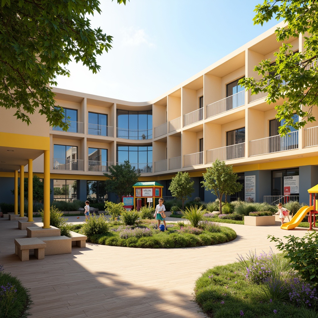 Prompt: Vibrant elementary school building, playful color scheme, warm beige walls, soft blue accents, bright yellow highlights, greenery-filled courtyard, colorful playground equipment, educational signage, natural wood flooring, rounded corners, large windows, soft diffused lighting, shallow depth of field, 1/1 composition, inviting atmosphere, realistic textures, ambient occlusion.