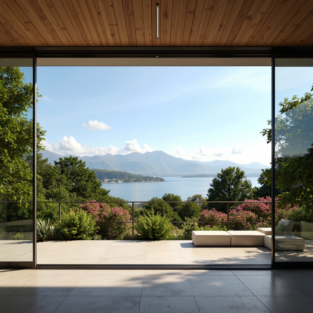 Prompt: Expansive floor-to-ceiling windows, minimalistic frames, unobstructed views, natural light pouring in, serene outdoor scenery, lush greenery, blooming flowers, distant mountains, calm lake waters, sunny day, warm ambient lighting, soft shadows, shallow depth of field, 3/4 composition, panoramic view, realistic textures, ambient occlusion.