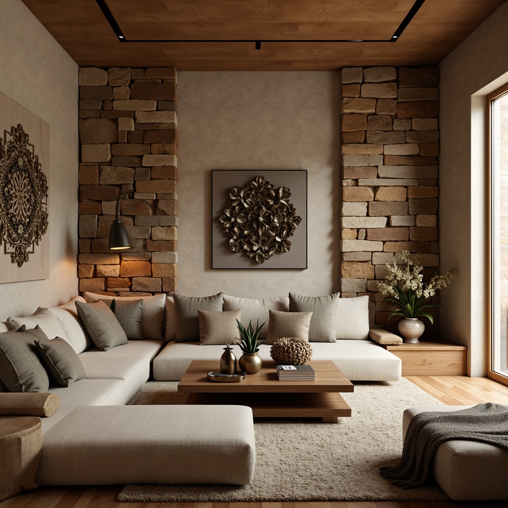 Prompt: Richly textured walls, earthy tone colors, natural stone finishes, rustic brick accents, cozy living room, warm ambient lighting, plush furnishings, soft cushions, velvety smooth fabrics, metallic decorative accents, modern minimalist decor, 3D geometric patterns, abstract art pieces, eclectic vintage items, warm beige tones, inviting atmosphere, shallow depth of field, 1/2 composition, soft focus blur.