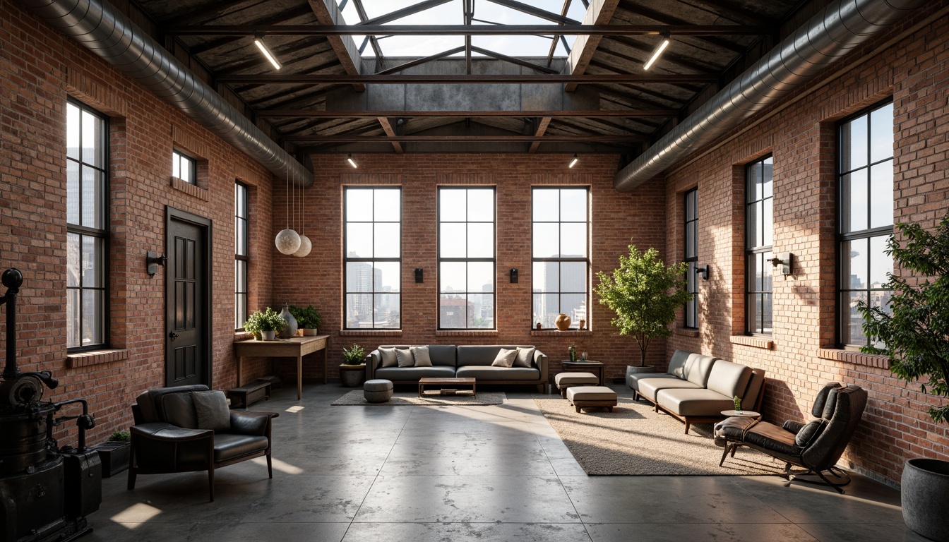 Prompt: Exposed brick walls, metal beams, reclaimed wood accents, industrial-style lighting fixtures, urban cityscape views, converted warehouse spaces, distressed concrete floors, rusty machinery parts, vintage factory equipment, eclectic mix of modern and antique furniture, neutral color palette with pops of bold colors, gritty textured surfaces, dramatic overhead skylights, functional minimalist decor, urban loft atmosphere, soft natural light, shallow depth of field, 2/3 composition, atmospheric misty effect.