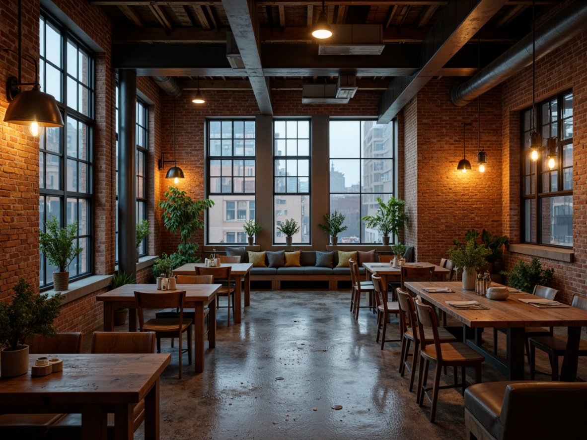 Prompt: Exposed brick walls, metal beams, industrial pipes, distressed wood flooring, reclaimed wood furniture, minimalist decor, functional lighting, metal shades, Edison bulbs, warm yellow tone, soft ambient glow, high ceiling, large windows, urban cityscape views, rainy day, moody atmospheric lighting, dramatic shadows, 1/1 composition, realistic textures, subtle color grading.