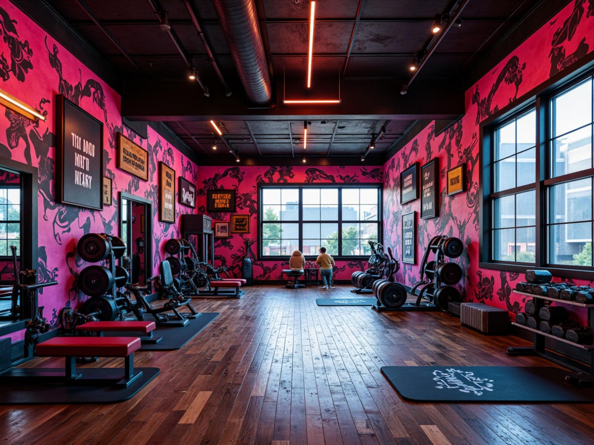 Prompt: Vibrant home gym, bold color scheme, abstract expressionist patterns, industrial-style equipment, metallic textures, neon lighting, futuristic machines, dynamic shapes, asymmetrical composition, distressed wood floors, urban graffiti walls, eclectic decorative accents, motivational quotes, high-ceiling open space, dramatic shadows, 1/2 composition, low-angle shot, moody atmosphere, ambient Occlusion.