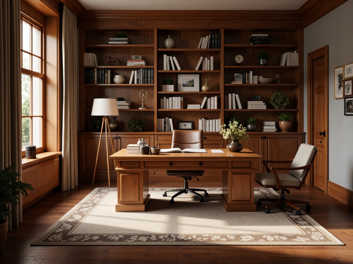 Prompt: Traditional home office, wooden desk, leather executive chair, bookshelves, warm wood tones, classic lamp lighting, soft carpet flooring, elegant curtains, natural daylight, calm atmosphere, 1/1 composition, shallow depth of field, realistic textures, ambient occlusion.