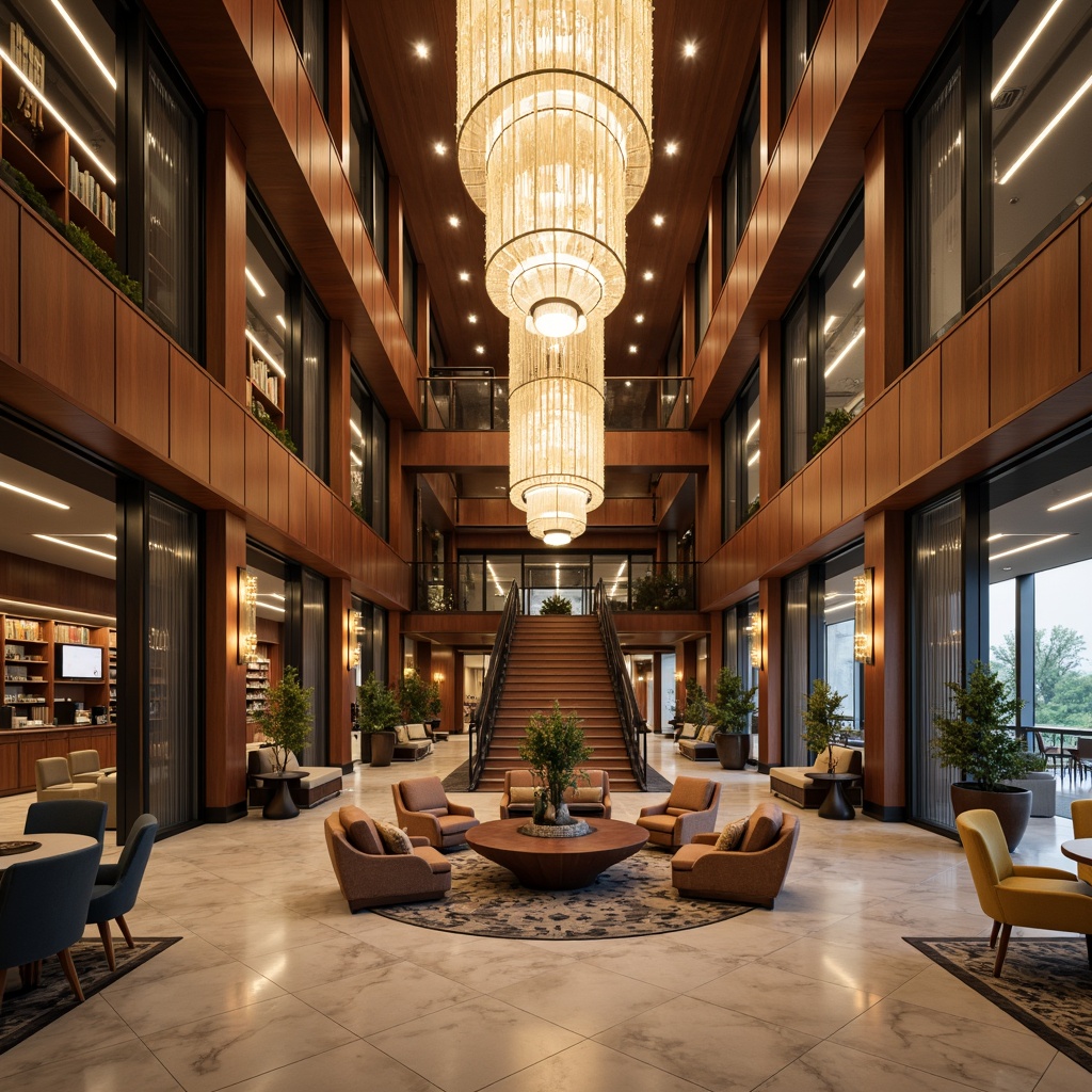 Prompt: Elegant hotel lobby, sophisticated chandeliers, warm LED lighting, polished marble floors, grand staircases, luxurious furnishings, rich wood accents, modern academic decor, subtle color schemes, cozy reading nooks, comfortable seating areas, floor-to-ceiling windows, soft diffused lighting, layered lighting effects, 1/1 composition, realistic textures, ambient occlusion, warm color temperature, high ceilings, ornate molding details.