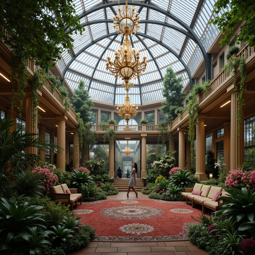 Prompt: Lavish greenhouse, ornate ironwork, intricate glass panels, lush tropical plants, vibrant floral arrangements, grandiose chandeliers, opulent furnishings, richly textured fabrics, Baroque-inspired architectural details, curved lines, ornamental carvings, gilded accents, soft warm lighting, misty atmosphere, shallow depth of field, 1/1 composition, realistic textures, ambient occlusion.