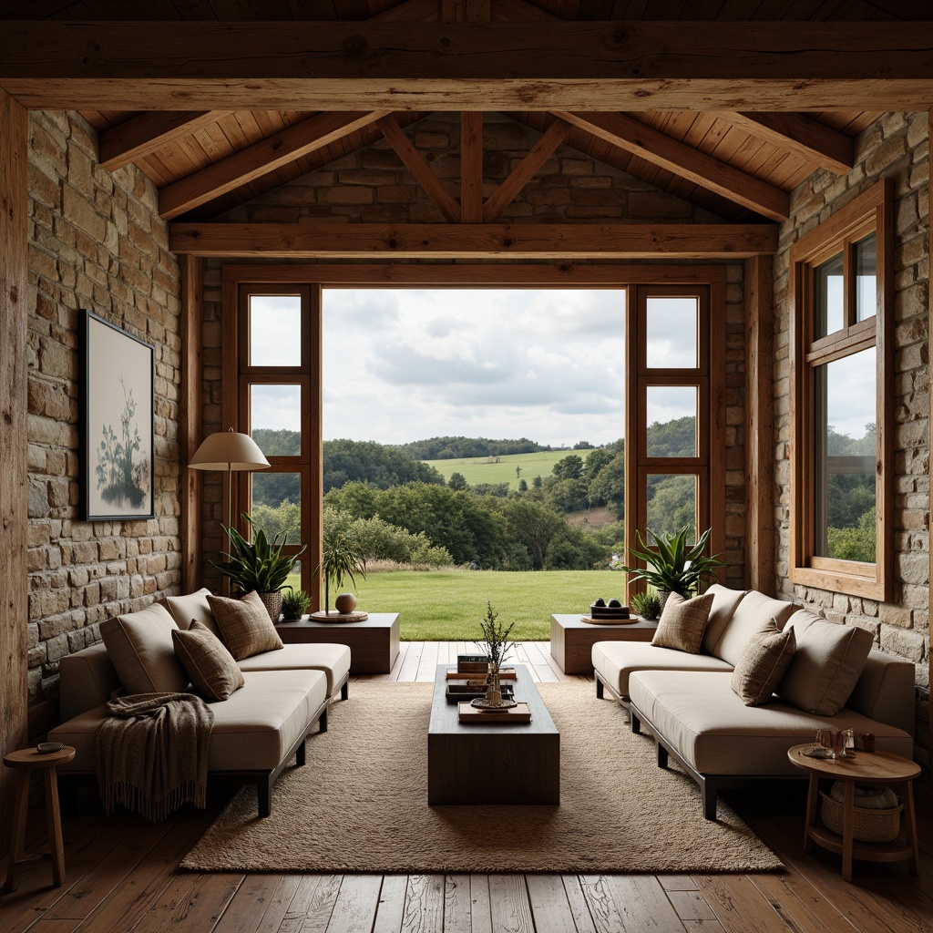 Prompt: Rustic farmhouse, wooden accents, exposed beams, natural stone walls, earthy tones, vintage decor, modern streamline furniture, sleek metal frames, minimalist ornaments, plush area rugs, warm ambient lighting, soft shadows, 1/1 composition, realistic textures, subtle reflections, cozy atmosphere, rural landscape views, lush greenery, overcast sky, dramatic cloudy light.