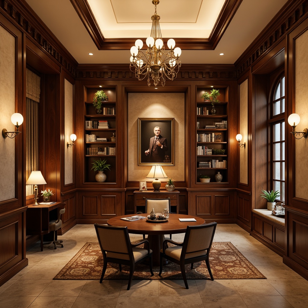 Prompt: Warm traditional office space, rich wood tones, classic furnishings, elegant chandeliers, soft warm lighting, table lamps, floor lamps, cozy reading nooks, comfortable seating areas, natural stone floors, wooden paneling, ornate moldings, earthy color palette, warm beige walls, creamy white ceilings, subtle texture changes, layered lighting effects, gentle ambient glow, accent lighting on artwork, 1/1 composition, realistic material textures, soft shadow rendering.