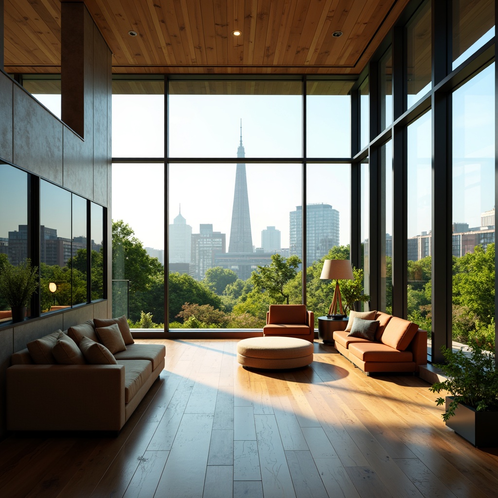 Prompt: Expansive windows, floor-to-ceiling glass panels, minimalist frames, unobstructed cityscape views, lush greenery vistas, natural light pouring in, airy atmosphere, modern interior design, sleek lines, reflective surfaces, polished wood floors, comfortable seating areas, warm color schemes, cozy reading nooks, panoramic views, 1/1 composition, soft warm lighting, shallow depth of field, realistic textures, ambient occlusion.