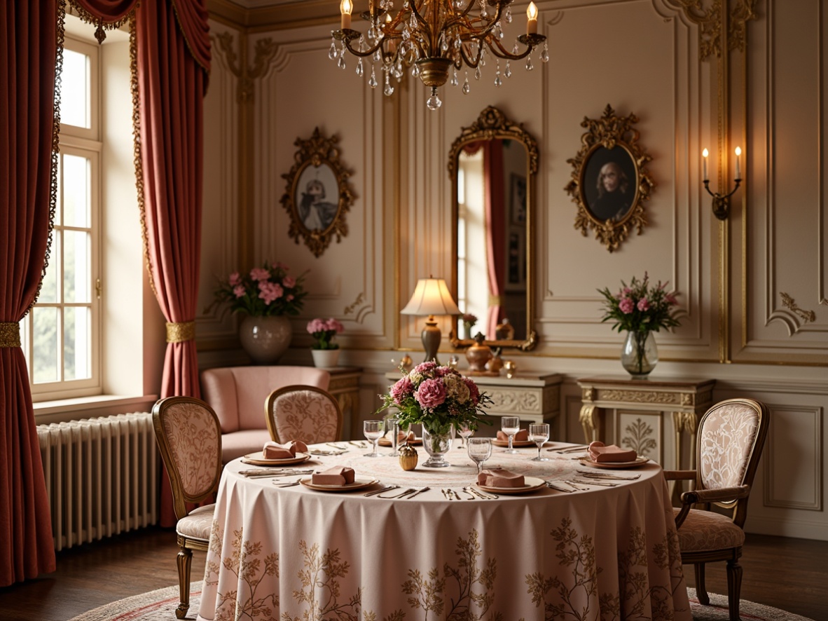 Prompt: Luxurious velvet fabrics, ornate golden embroidery, delicate lace trims, soft silk textures, lavish satin drapes, intricate floral patterns, whimsical shell motifs, pastel color palette, elegant curvaceous lines, opulent furnishings, antique furniture pieces, grandiose chandeliers, richly ornamented mirrors, lavish candlelight, warm intimate ambiance, shallow depth of field, 1/1 composition, soft focus, romantic warm lighting.