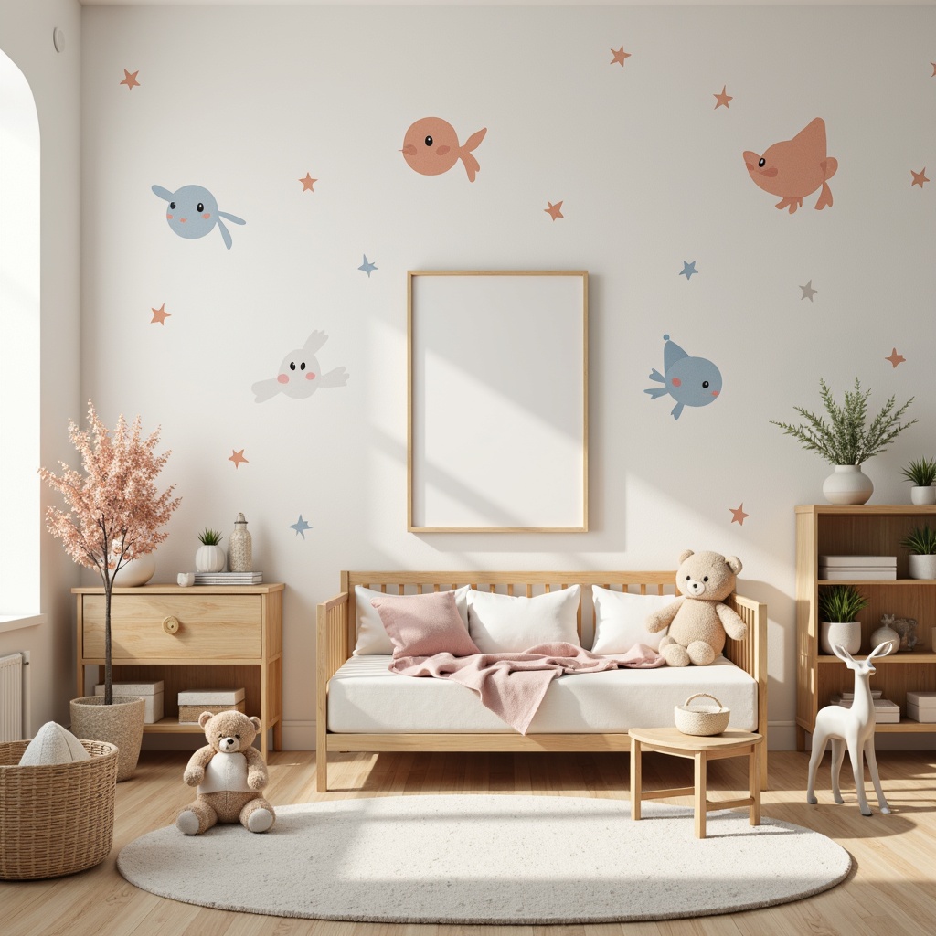 Prompt: Soft pastel hues, creamy whites, gentle peach tones, soothing blues, muted greens, warm beige accents, natural wood furniture, plush toys, delicate florals, whimsical wall decals, cozy area rugs, tranquil atmosphere, softbox lighting, shallow depth of field, 1/2 composition, calming ambiance.