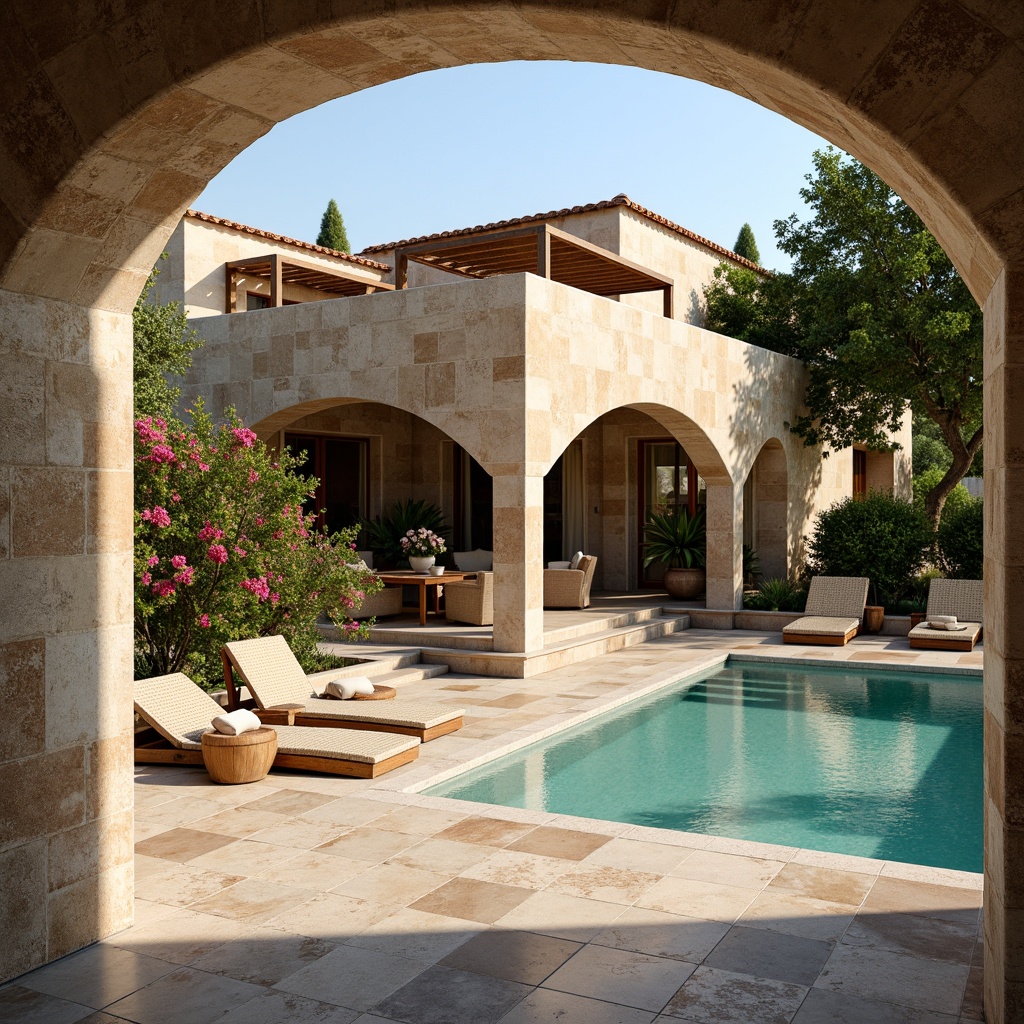 Prompt: Warm Mediterranean villa, rustic stone walls, curved archways, lush greenery, vibrant bougainvillea, terracotta roofs, turquoise pool water, wooden deck chairs, woven wicker furniture, soft billowy curtains, natural fabrics, earthy color palette, warm sunny day, shallow depth of field, 1/1 composition, realistic textures, ambient occlusion.