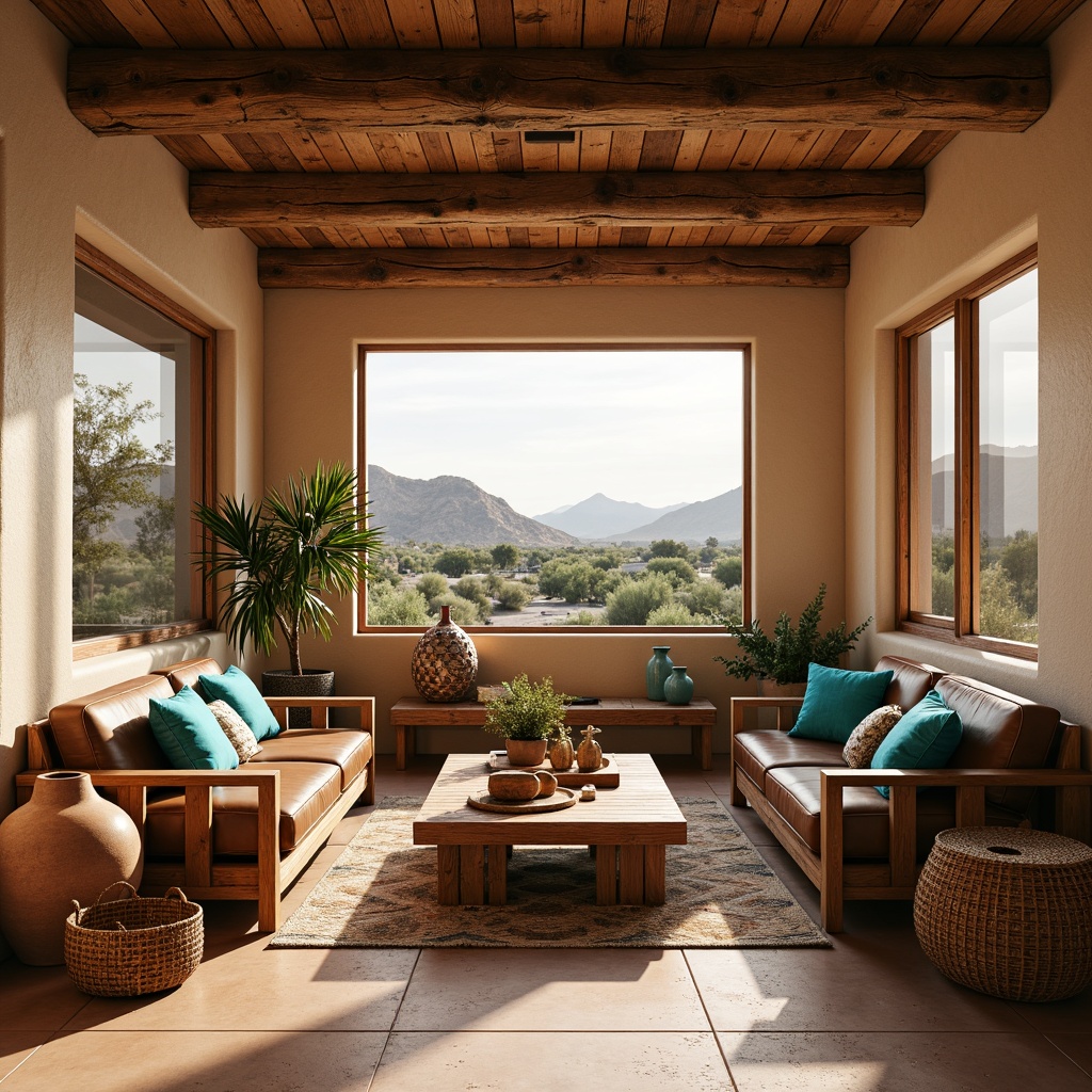 Prompt: Rustic wooden furniture, earthy terracotta vases, woven wicker baskets, vibrant turquoise accents, distressed leather sofas, chunky wood coffee tables, natural fiber rugs, geometric patterned throw pillows, adobe-inspired architectural details, warm beige stucco walls, Southwestern-style ceramic tiles, desert landscape views, sunny afternoon light, soft warm shadows, atmospheric perspective, cinematic composition.