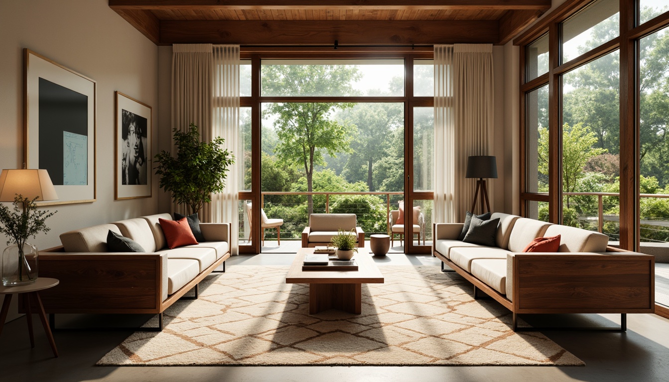 Prompt: Mid-century modern living room, walnut wooden furniture, sleek low-profile sofas, geometric patterned rugs, minimalist coffee tables, angular metal legs, natural fiber upholstery, vintage decorative lamps, abstract artwork, large floor-to-ceiling windows, sliding glass doors, lush greenery views, warm afternoon sunlight, soft diffused lighting, shallow depth of field, 2/3 composition, realistic textures, ambient occlusion.