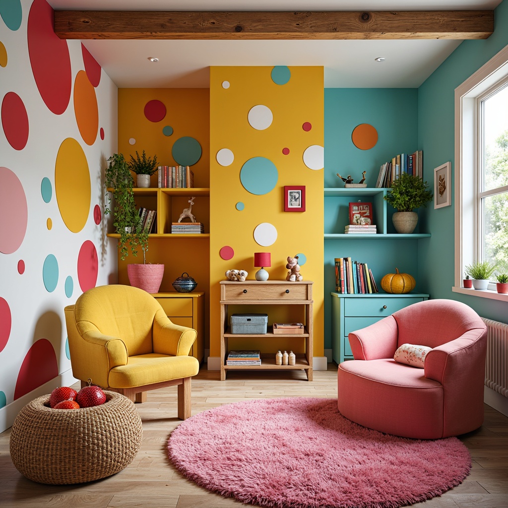 Prompt: Vibrant kids' room, whimsical expressionism style, bold colorful walls, playful polka dot patterns, oversized furniture, soft plush toys, curlycue chairs, rounded edges, chunky wooden legs, bright yellow desks, pink fluffy rugs, turquoise bookshelves, fun geometric shapes, creative storage bins, cozy reading nooks, warm soft lighting, shallow depth of field, 1/1 composition, intimate atmosphere, textured fabrics, joyful decorative accents.