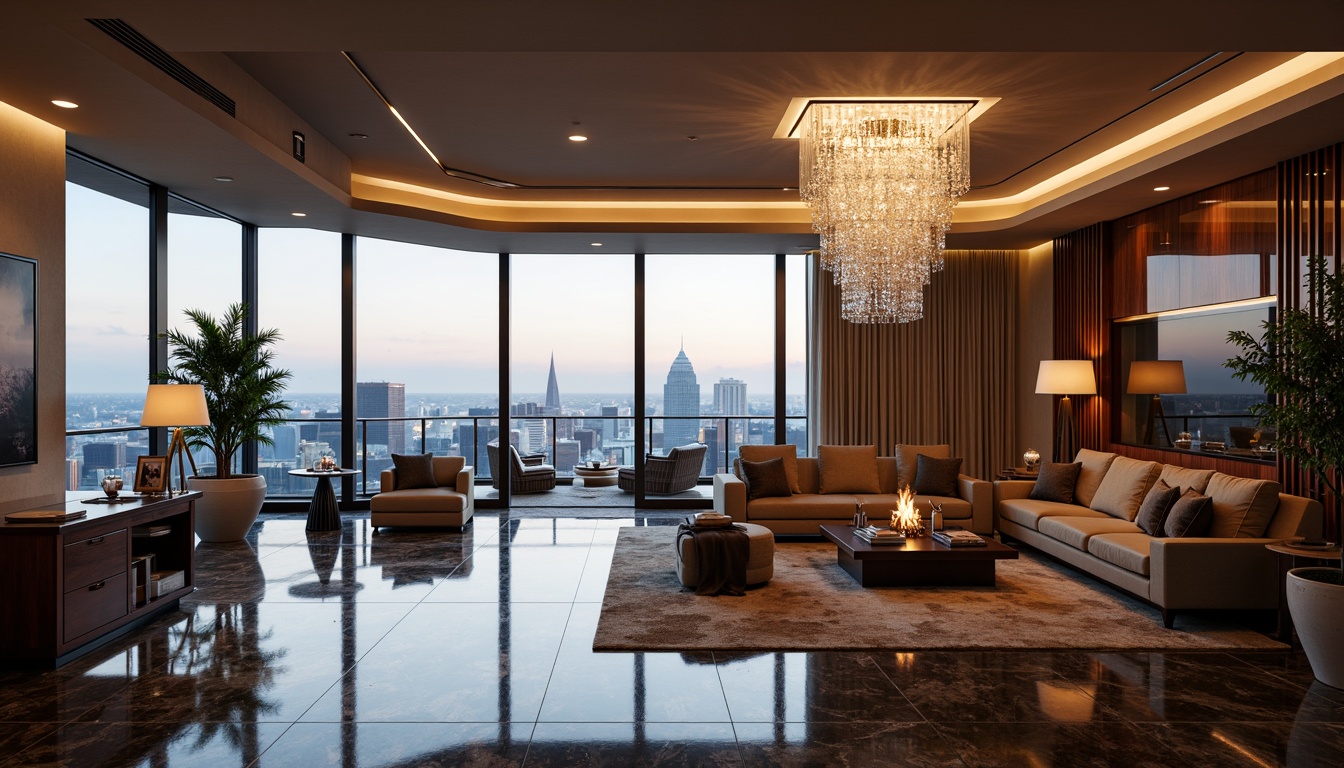 Prompt: Opulent penthouse, sleek modern architecture, panoramic city views, floor-to-ceiling windows, lavish marble floors, rich wood accents, plush carpeting, crystal chandeliers, luxurious furniture, velvet drapes, metallic finishes, high-gloss ceilings, recessed lighting, atmospheric ambiance, soft warm glow, shallow depth of field, 1/1 composition, realistic textures, ambient occlusion.