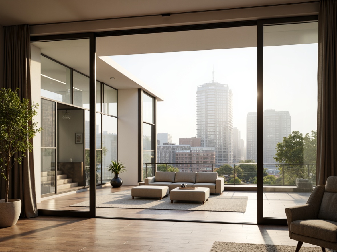 Prompt: Floor-to-ceiling windows, minimalist frames, sliding glass doors, open-plan living space, modern interior design, sleek wooden floors, neutral color palette, natural textiles, potted greenery, urban cityscape views, morning sunlight, soft warm lighting, shallow depth of field, 3/4 composition, panoramic view, realistic reflections, ambient occlusion.