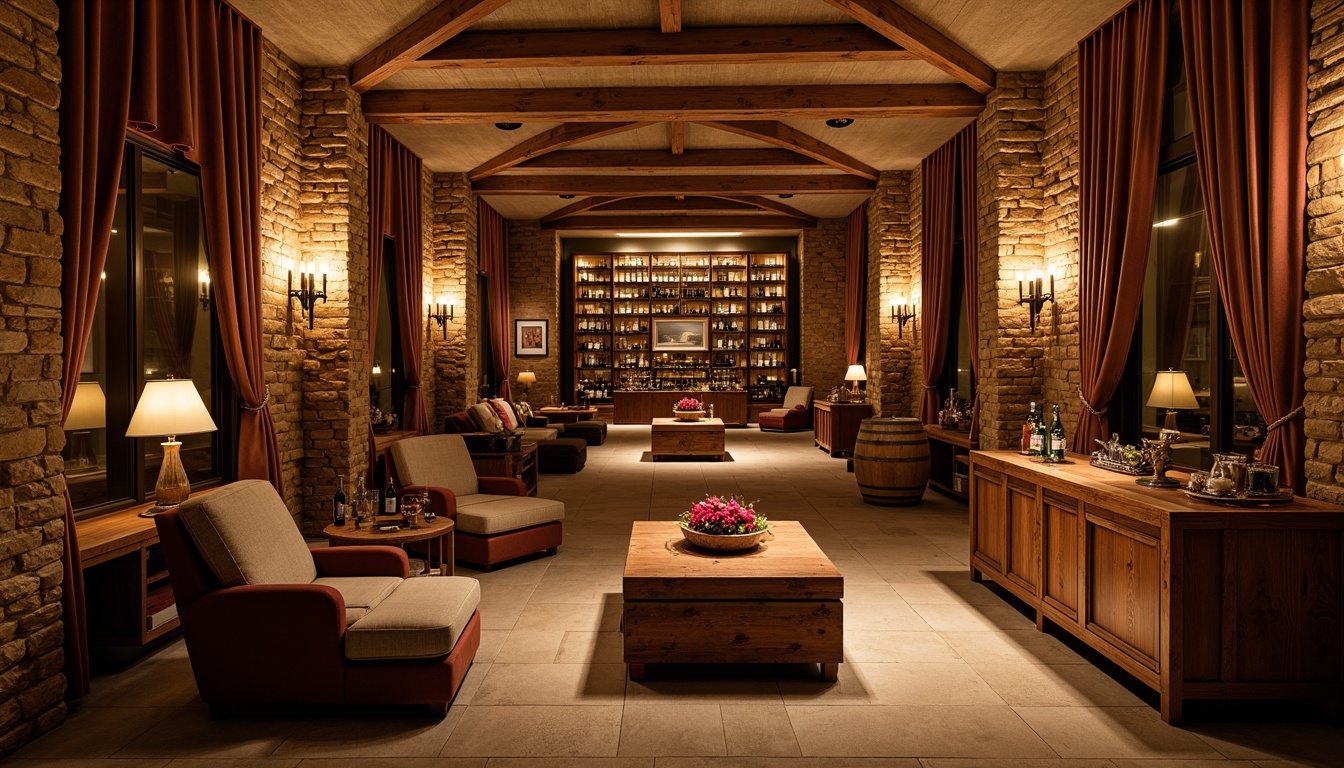 Prompt: Warm wine cellar, rustic stone walls, wooden crates, dimmable lighting, soft warm glow, intimate atmosphere, rich wood tones, velvet drapes, elegant furniture, subtle LED strips, ambient shadows, cozy nooks, wine barrels, vintage wine bottles, ornate metalwork, luxurious textiles, warm beige colors, dramatic ceiling height, spotlights on wine displays, soft focus, shallow depth of field, 1/2 composition.