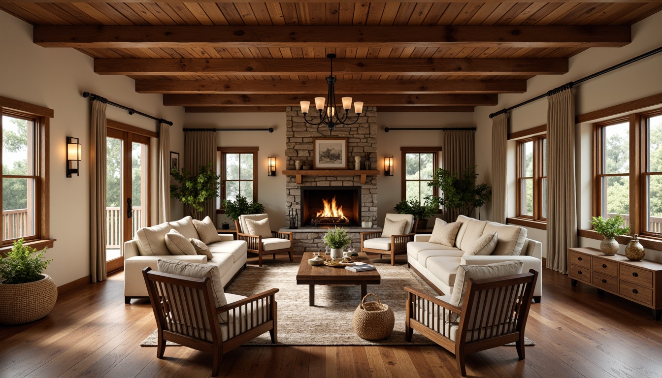 Prompt: Cozy craftsman family room, warm earthy tones, wooden accents, plush sofas, rustic coffee tables, vintage armchairs, woven baskets, natural textiles, stone fireplace, wooden beam ceiling, soft warm lighting, comfortable seating, functional layout, 3/4 composition, realistic wood grain textures, ambient occlusion.