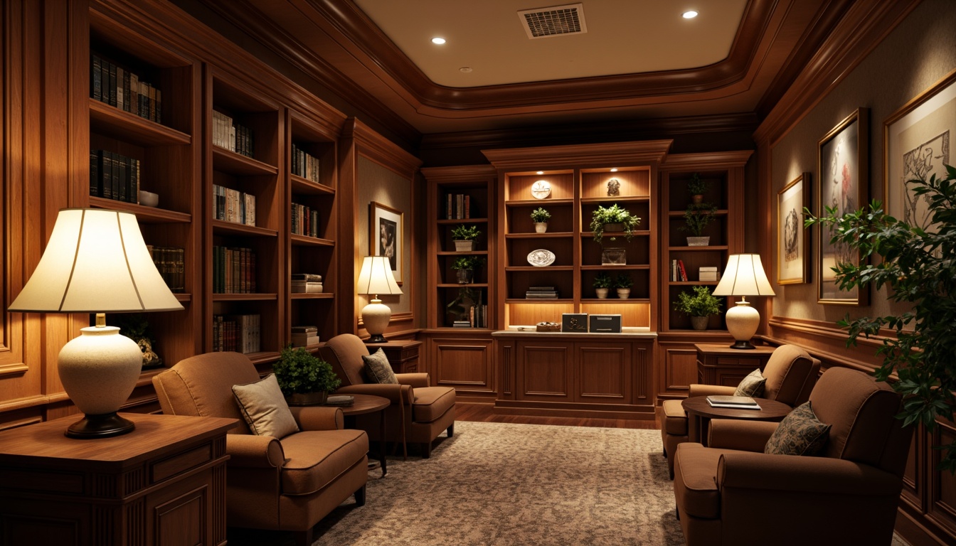 Prompt: Warm traditional home office, rich wood tones, comfortable seating, classic desk lamps, ornate metal fixtures, soft warm glow, table lamps with linen shades, floor lamps with cream-colored ceramic bases, recessed ceiling lights, elegant chandeliers, neutral color palette, cozy atmosphere, natural textures, wooden bookshelves, leather-bound books, vintage decorative items, subtle warm lighting, 1/1 composition, shallow depth of field, realistic wood grains.