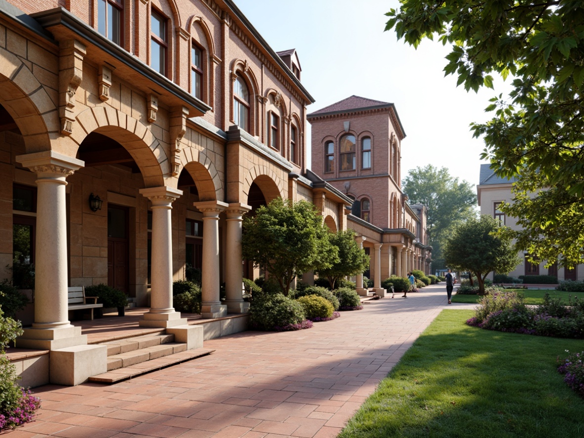 Prompt: Renaissance-inspired campus facade, ornate stone carvings, grand archways, rusticated bases, classical columns, dormer windows, steeply pitched roofs, terra cotta tiles, richly colored brickwork, intricately patterned stonework, lush greenery, blooming flowers, shaded walkways, soft warm lighting, shallow depth of field, 3/4 composition, panoramic view, realistic textures, ambient occlusion.