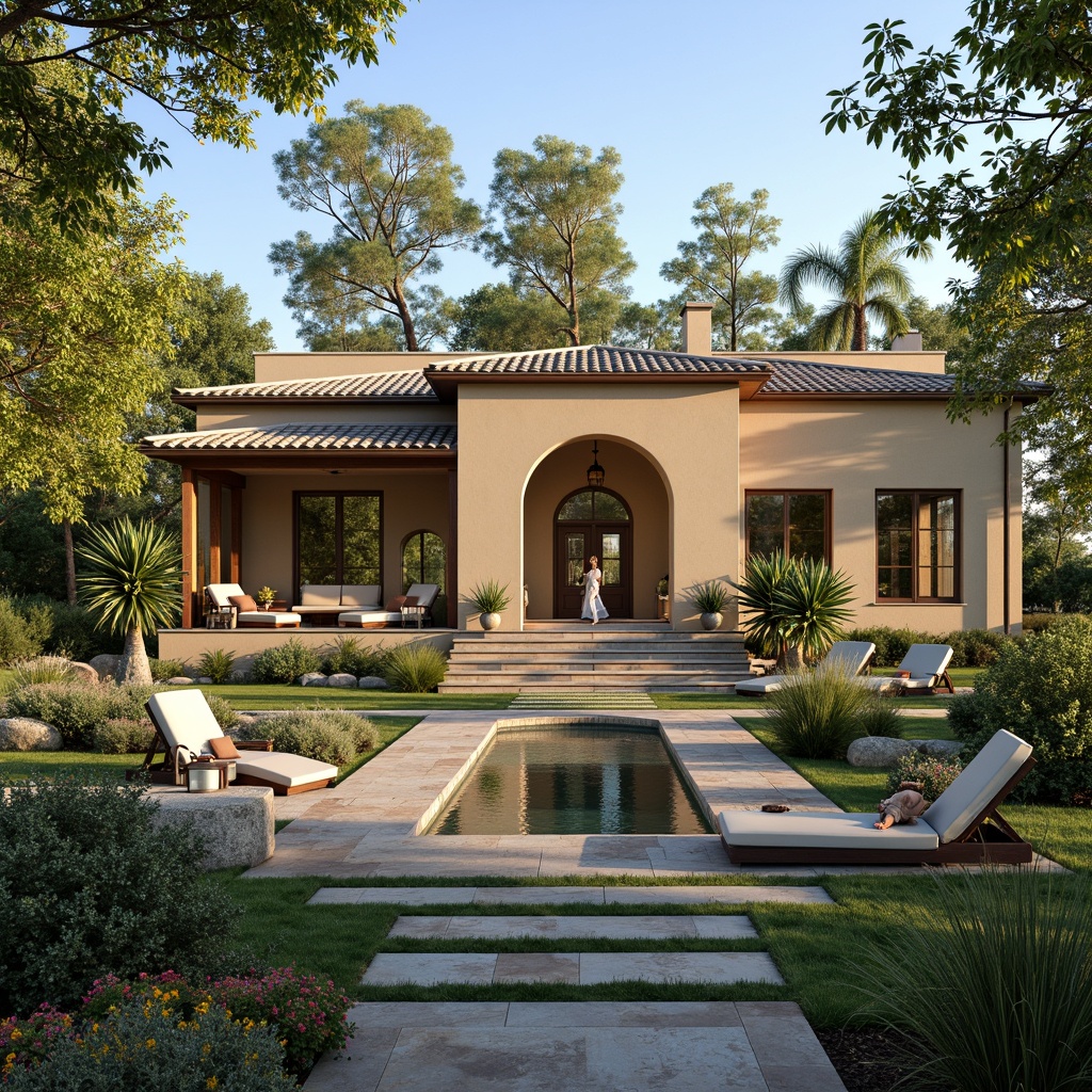 Prompt: Luxurious villa, Mediterranean style, warm beige walls, terracotta roof tiles, lush green gardens, blooming flowers, serene water features, natural stone pathways, wooden accents, earthy tones, soft warm lighting, shallow depth of field, 1/1 composition, realistic textures, ambient occlusion, warm sunny day, clear blue sky.