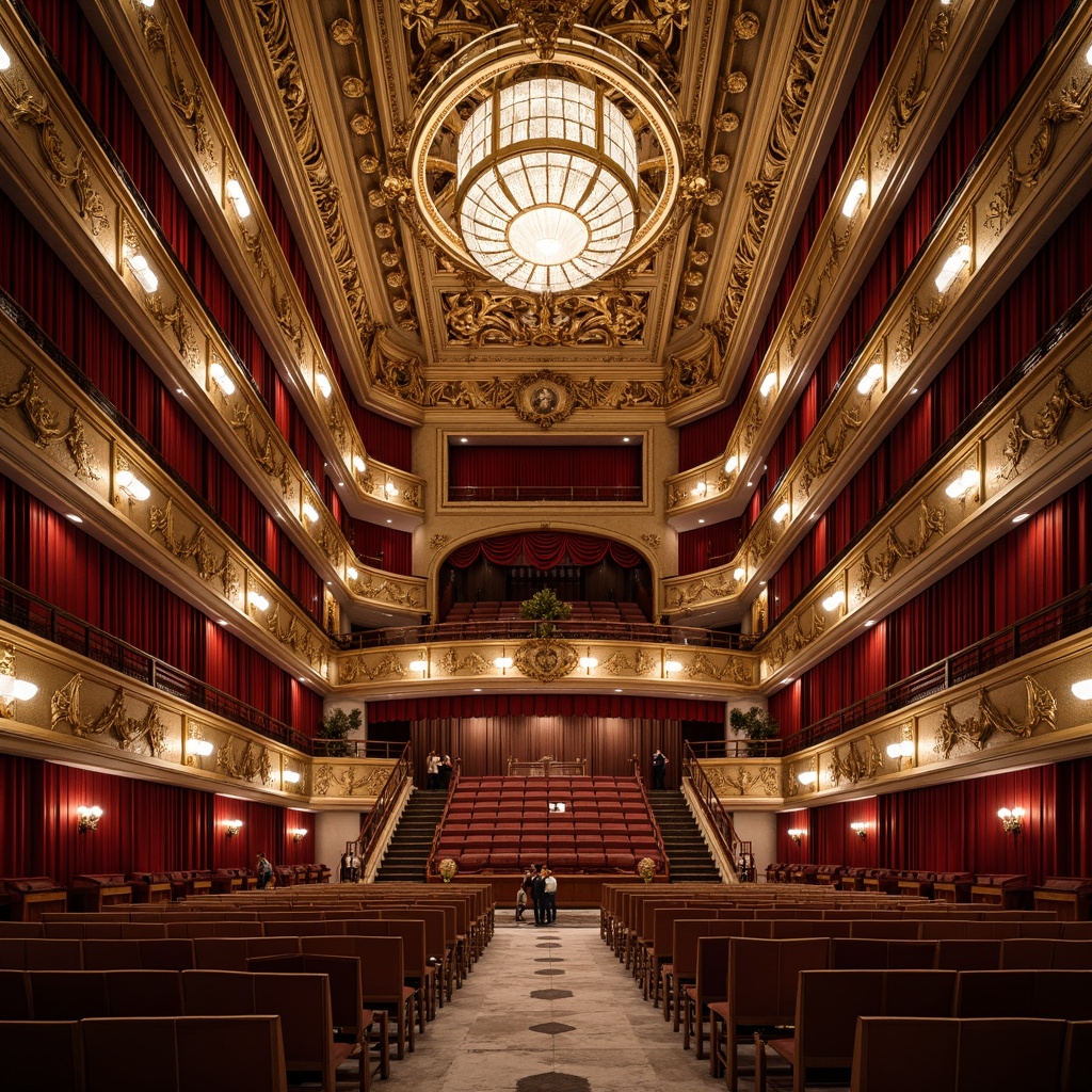 Prompt: Grand opera house, opulent chandeliers, intricately carved wooden accents, gilded moldings, velvet drapes, ornate balconies, majestic staircases, crystal sconces, marble flooring, lavish furnishings, Baroque-inspired architecture, rich jewel-toned color scheme, dramatic spotlights, soft warm glow, shallow depth of field, 1/2 composition, symmetrical framing, high-contrast lighting, realistic textures, ambient occlusion.