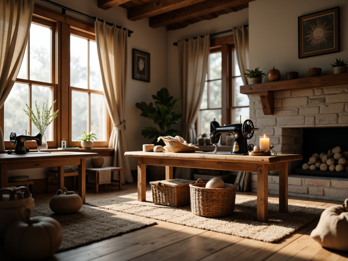 Prompt: Cozy craft room, rustic wooden tables, woven baskets, vintage sewing machines, natural fabrics, earthy color palette, linen drapes, plush area rugs, wooden floorboards, stone fireplace, warm candlelight, soft warm lighting, shallow depth of field, 3/4 composition, realistic textures, ambient occlusion.