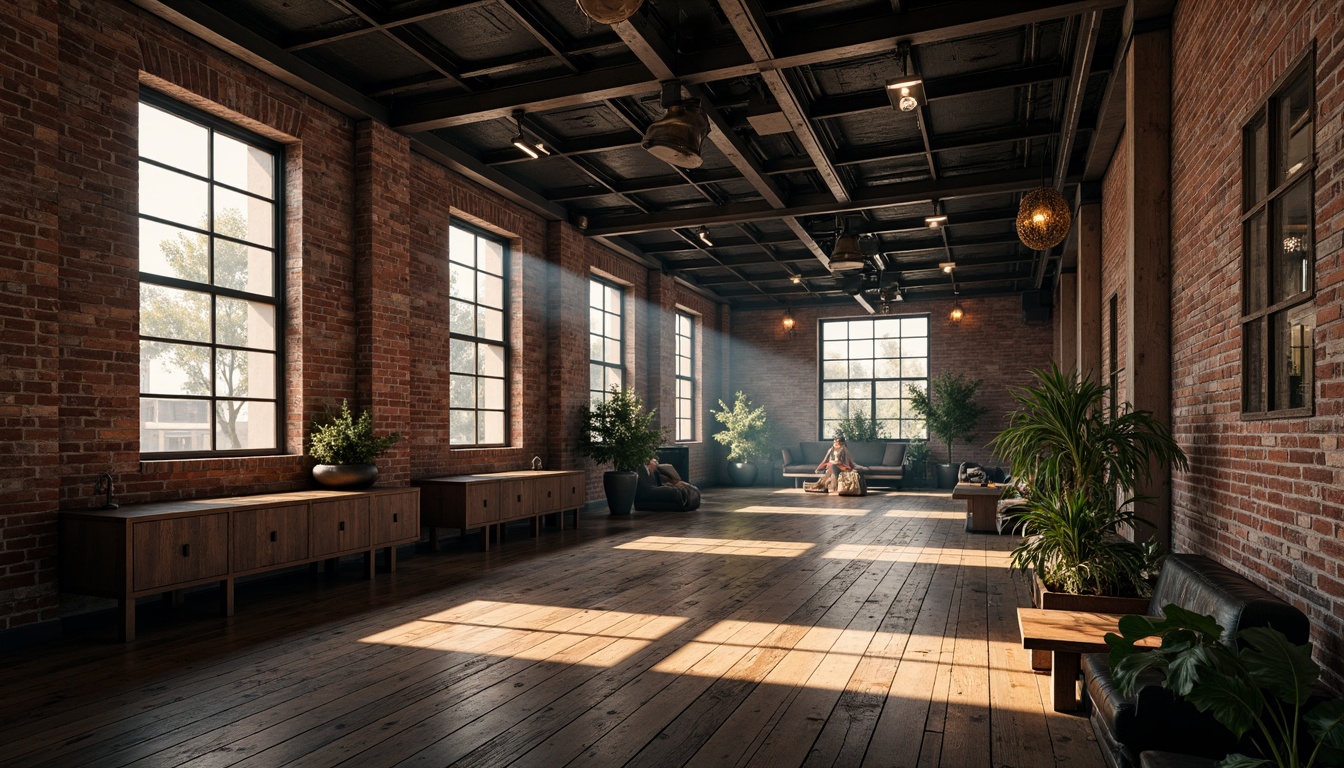 Prompt: Exposed brick walls, industrial metal beams, reclaimed wood floors, vintage factory windows, dramatic high ceilings, suspended catwalks, metallic chandeliers, pendant lamps, spotlights, warm golden lighting, cool blue accents, rustic textures, distressed finishes, urban atmosphere, dynamic shadows, 1/2 composition, low-key illumination, cinematic mood, atmospheric haze.