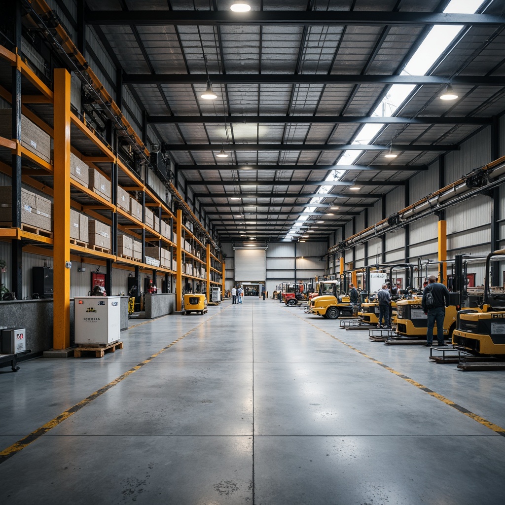 Prompt: Industrial warehouse interior, concrete foundation, polished epoxy flooring, metallic accents, exposed ductwork, high ceilings, functional lighting, heavy-duty machinery, storage racks, steel beams, industrial equipment, manufacturing atmosphere, soft natural light, shallow depth of field, 3/4 composition, realistic textures, ambient occlusion.