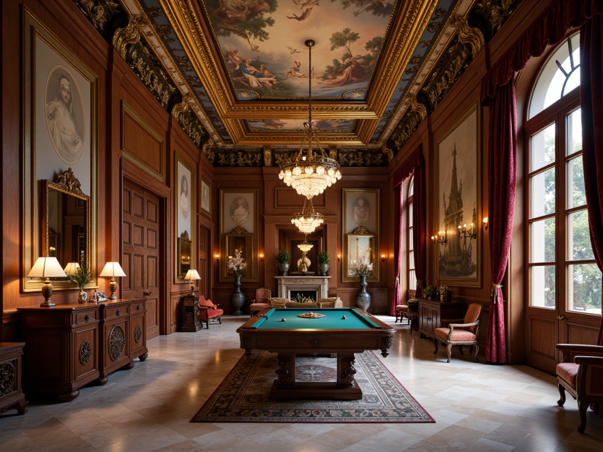 Prompt: Ornate game room, rich wood paneling, gilded molding, grand chandeliers, intricate frescoes, high ceilings, ornamental columns, carved wooden furniture, velvet drapes, marble floors, antique vases, classic sculptures, regal color palette, warm soft lighting, shallow depth of field, 1/1 composition, realistic textures, ambient occlusion.