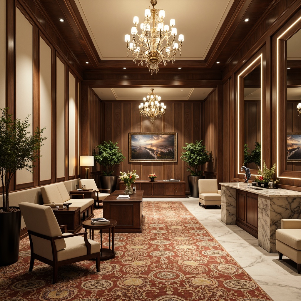 Prompt: Richly textured carpets, elegant wooden paneling, ornate chandeliers, sophisticated executive desks, comfortable leather armchairs, vibrant greenery, statement artwork, refined metal accents, intricate moldings, luxurious marble countertops, warm beige color scheme, soft diffused lighting, 3/4 composition, realistic textures, ambient occlusion.