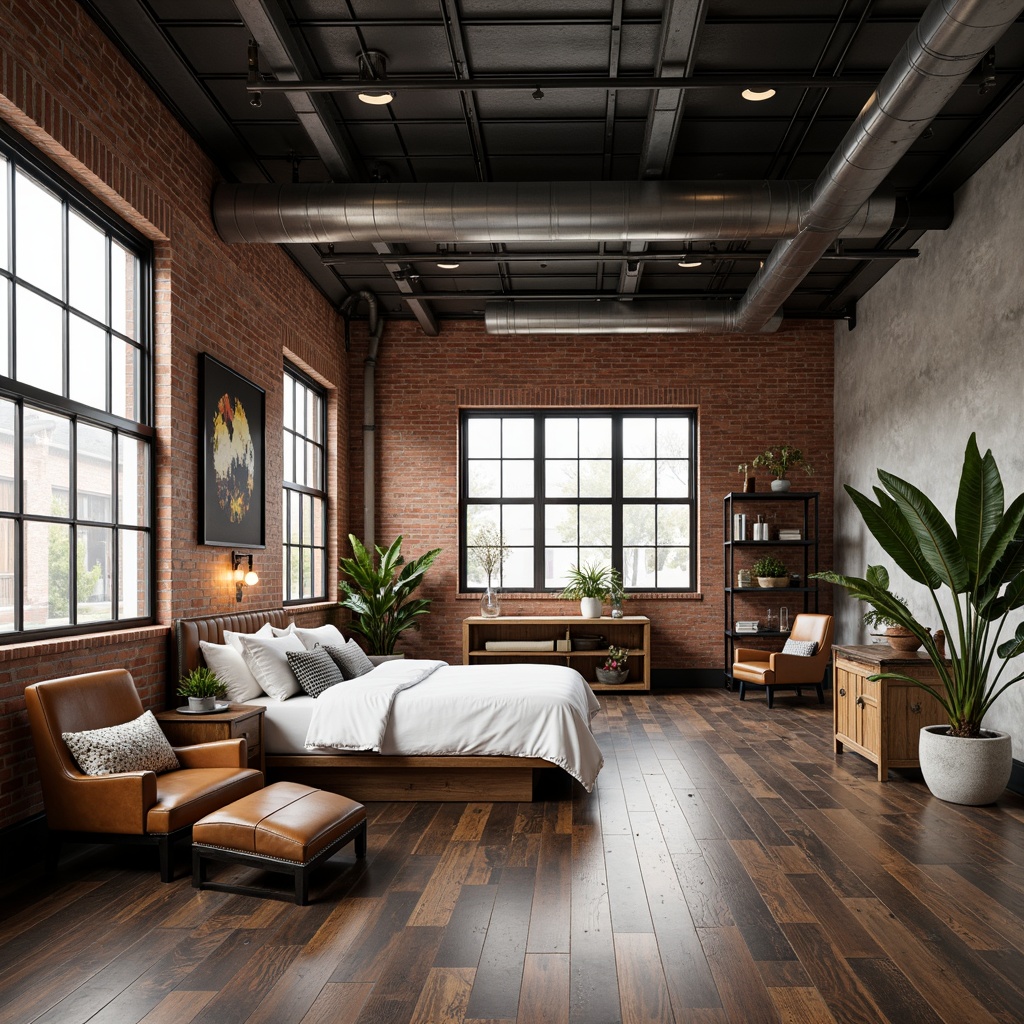 Prompt: Exposed brick walls, metal beam ceilings, reclaimed wood floors, industrial-style lighting fixtures, vintage factory windows, distressed leather furniture, minimalist decor, urban loft atmosphere, neutral color palette, Edison bulb lamps, metal pipe shelving, concrete accents, modern minimalist artwork, rustic wooden crates, steel frame beds, functional decor, airy open space, natural light pouring in, shallow depth of field, 3/4 composition.