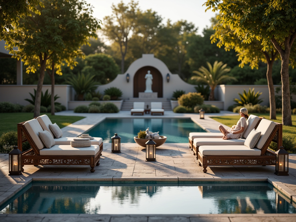 Prompt: Ornate poolside furniture, luxurious sun loungers, intricately carved wooden chairs, plush cushions, velvet upholstery, bronze accents, ornamental lanterns, natural stone paving, majestic fountains, symmetrical gardens, serene water features, elegant statues, refined outdoor lighting, warm golden illumination, soft focus photography, 1/2 composition, shallow depth of field.