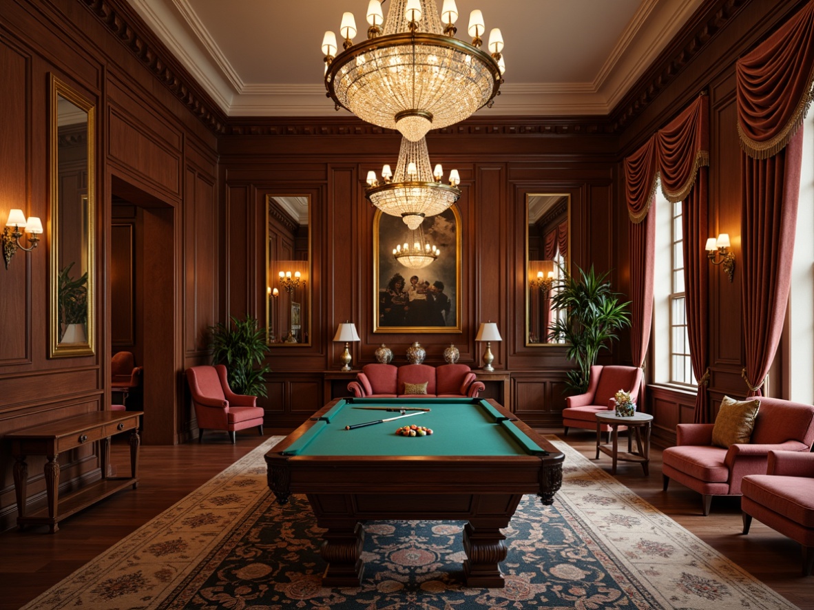 Prompt: Elegant game room, rich wood paneling, ornate mirrors, luxurious fabrics, velvet drapes, crystal chandeliers, stately furniture, curved lines, gilded accents, neoclassical ornaments, comfortable seating areas, plush couches, wooden coffee tables, decorative vases, classic artwork, subtle lighting, warm color palette, 1/2 composition, shallow depth of field, soft focus effect, realistic textures.