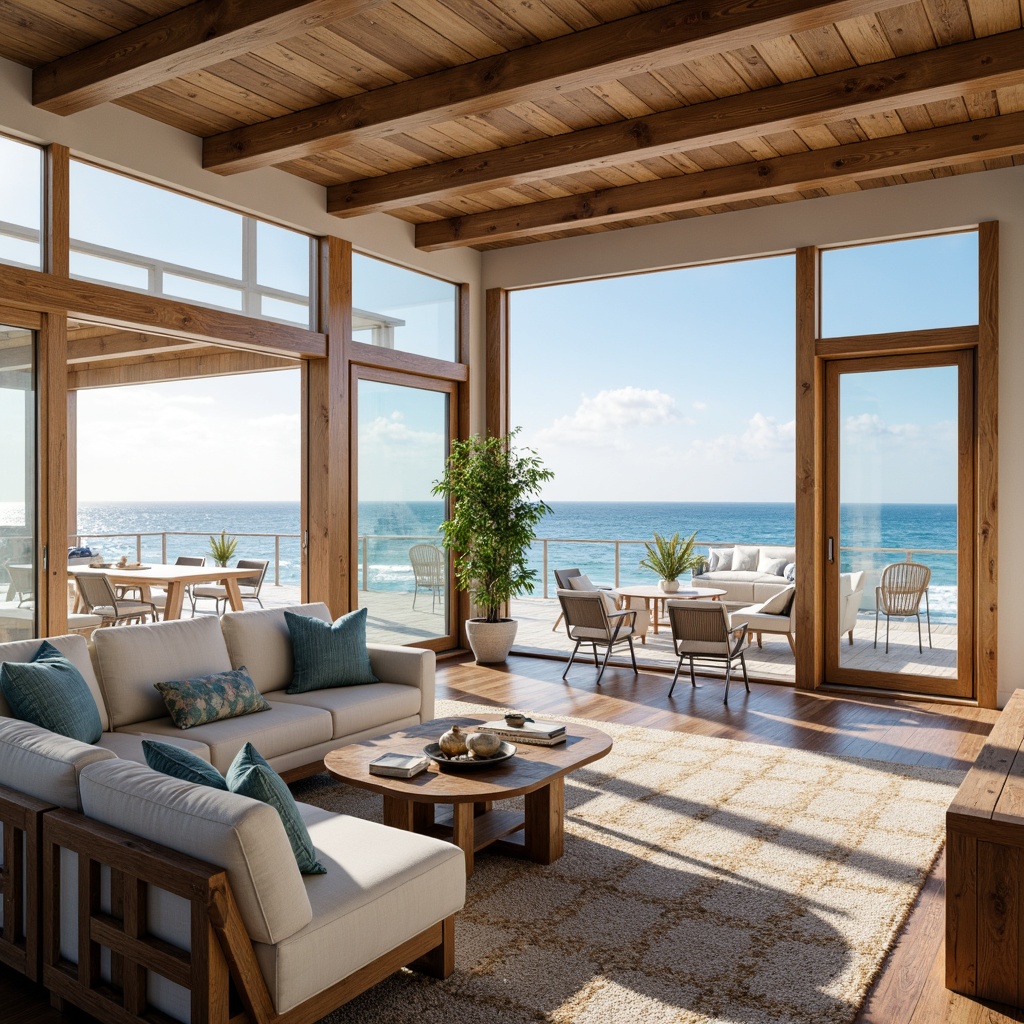 Prompt: \Open-plan coastal living room, high ceilings, wooden beams, large windows, sliding glass doors, ocean views, natural textures, weathered wood accents, nautical decor, soft blue and white color palette, beach-inspired furniture, plush area rugs, woven sea grass patterns, ambient lighting, shallow depth of field, 1/1 composition, relaxed atmosphere, warm sunny day, gentle sea breeze, sound of waves.\