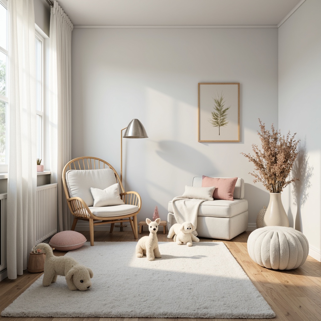 Prompt: Soft pastel hues, creamy whites, gentle grays, soothing blues, warm beiges, natural wood accents, plush carpets, delicate florals, whimsical nursey rhymes, serene atmosphere, calm ambiance, softbox lighting, 3/4 composition, shallow depth of field, cozy textures, ambient occlusion.