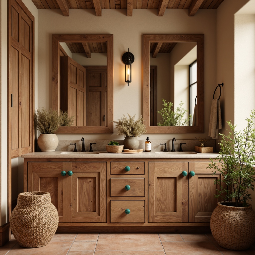 Prompt: Rustic Southwestern bathroom, earthy tone cabinetry, wooden distressed finishes, turquoise glass knobs, woven baskets, natural stone countertops, warm beige walls, terracotta floor tiles, desert botanicals, pampas grass arrangements, soft warm lighting, shallow depth of field, 1/1 composition, realistic textures, ambient occlusion.