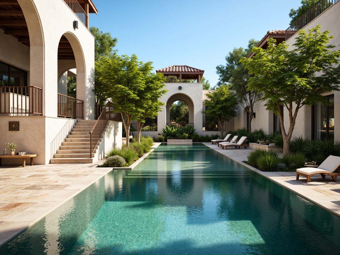 Prompt: Luxurious poolside, turquoise water, infinity edge, natural stone coping, sleek metal railings, ornate fountains, intricate tile work, Mediterranean-inspired arches, grand staircases, lavish landscaping, vibrant tropical plants, sunny day, soft warm lighting, shallow depth of field, 3/4 composition, realistic textures, ambient occlusion.