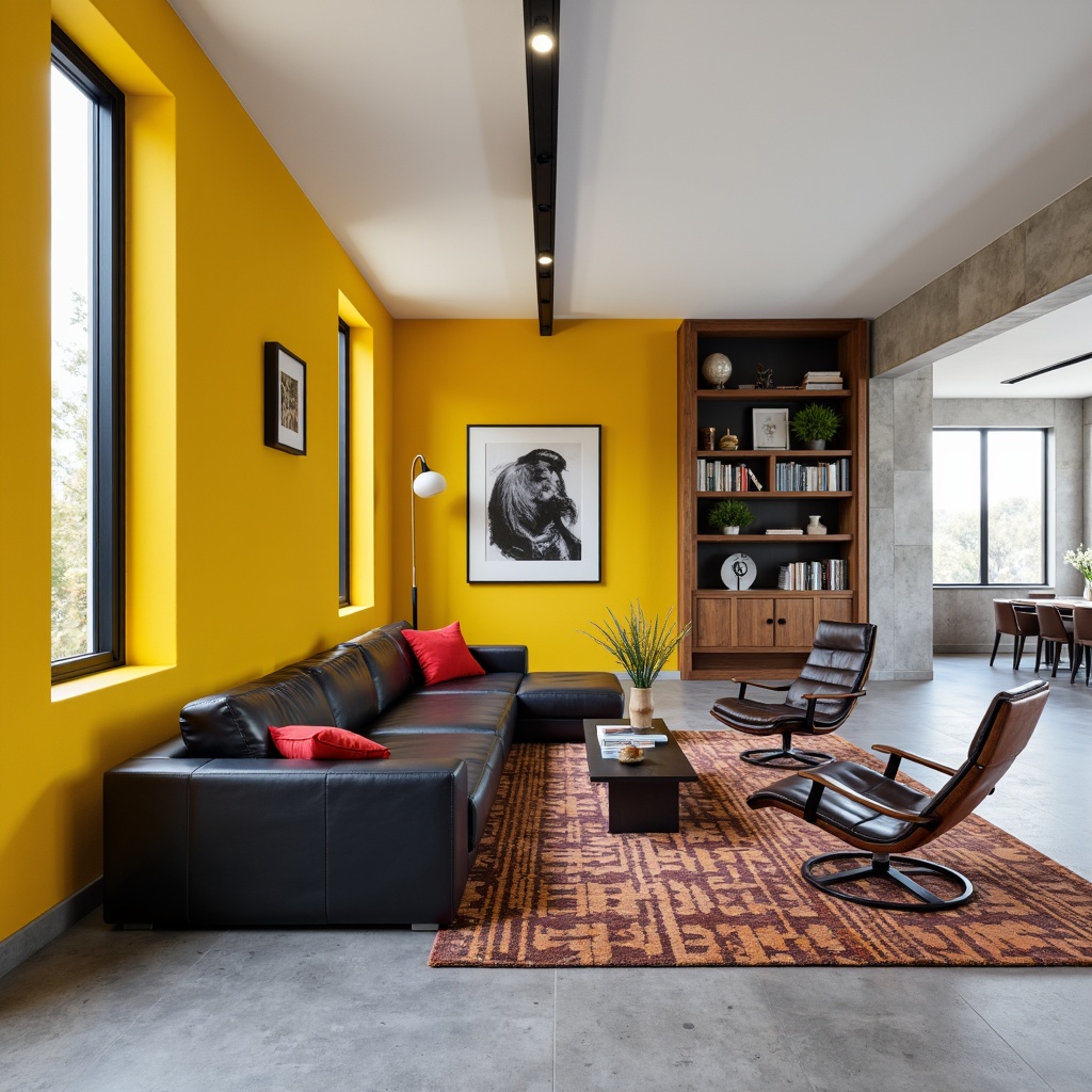 Prompt: Vibrant yellow accent walls, sleek black leather sofas, tubular steel coffee tables, geometric patterned rugs, minimalist wooden chairs, industrial metal lighting fixtures, bold red decorative accents, functional built-in shelving units, open-plan living spaces, natural materials, brutalist concrete floors, abstract artwork, stark white ceilings, dramatic vertical lines, 1/1 composition, high-contrast color scheme, softbox lighting, ambient shadows.