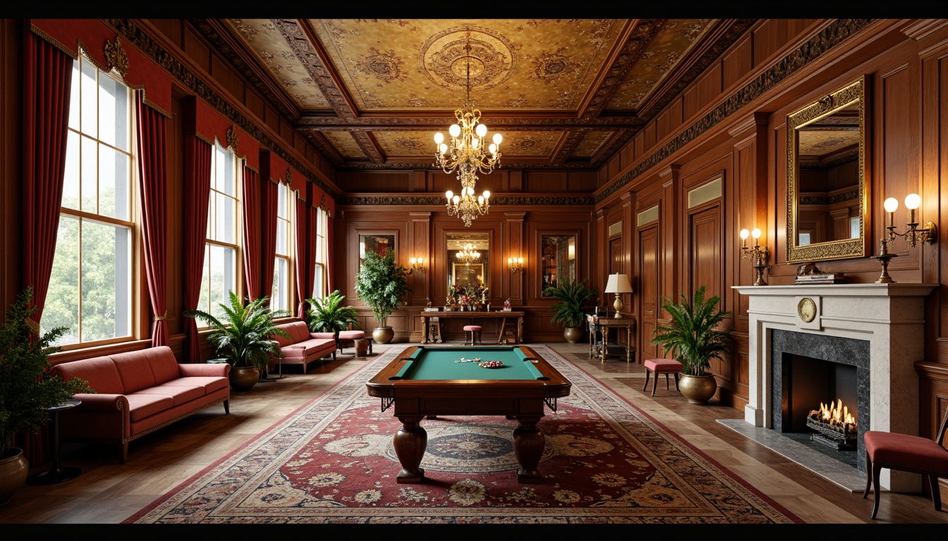 Prompt: Ornate game room, rich wood paneling, intricate carvings, grand chandeliers, luxurious fabrics, neoclassical columns, ornamental moldings, gilded accents, high ceilings, spacious interior, marble fireplaces, elegant furnishings, sophisticated color palette, warm soft lighting, shallow depth of field, 1/1 composition, realistic textures, ambient occlusion.