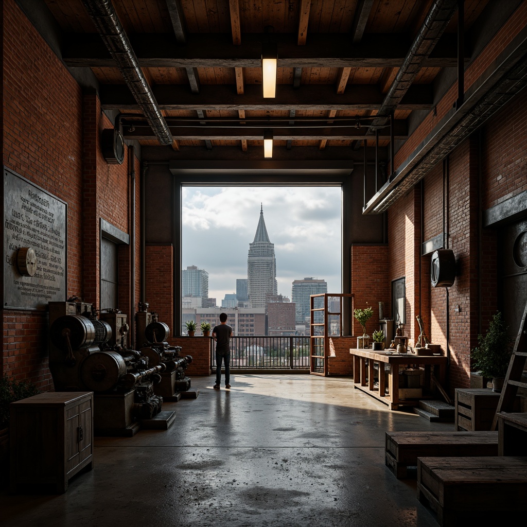 Prompt: Industrial warehouse atmosphere, exposed brick walls, metal beams, distressed wood accents, industrial-style lighting fixtures, urban cityscape views, moody gray skies, rusty orange tones, worn concrete floors, metallic silver hues, vintage machinery parts, reclaimed wood textures, earthy brown colors, dramatic shadows, high-contrast lighting, cinematic composition, gritty realism.