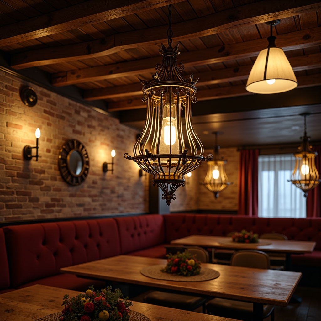 Prompt: Vintage chandeliers, ornate metalwork, distressed finishes, eclectic pendant lights, rustic wooden beams, exposed brick walls, reclaimed wood tables, velvet drapes, luxurious fabrics, rich jewel tones, warm candlelight, soft golden illumination, dramatic shadows, 1/2 composition, close-up shot, realistic textures, ambient occlusion.