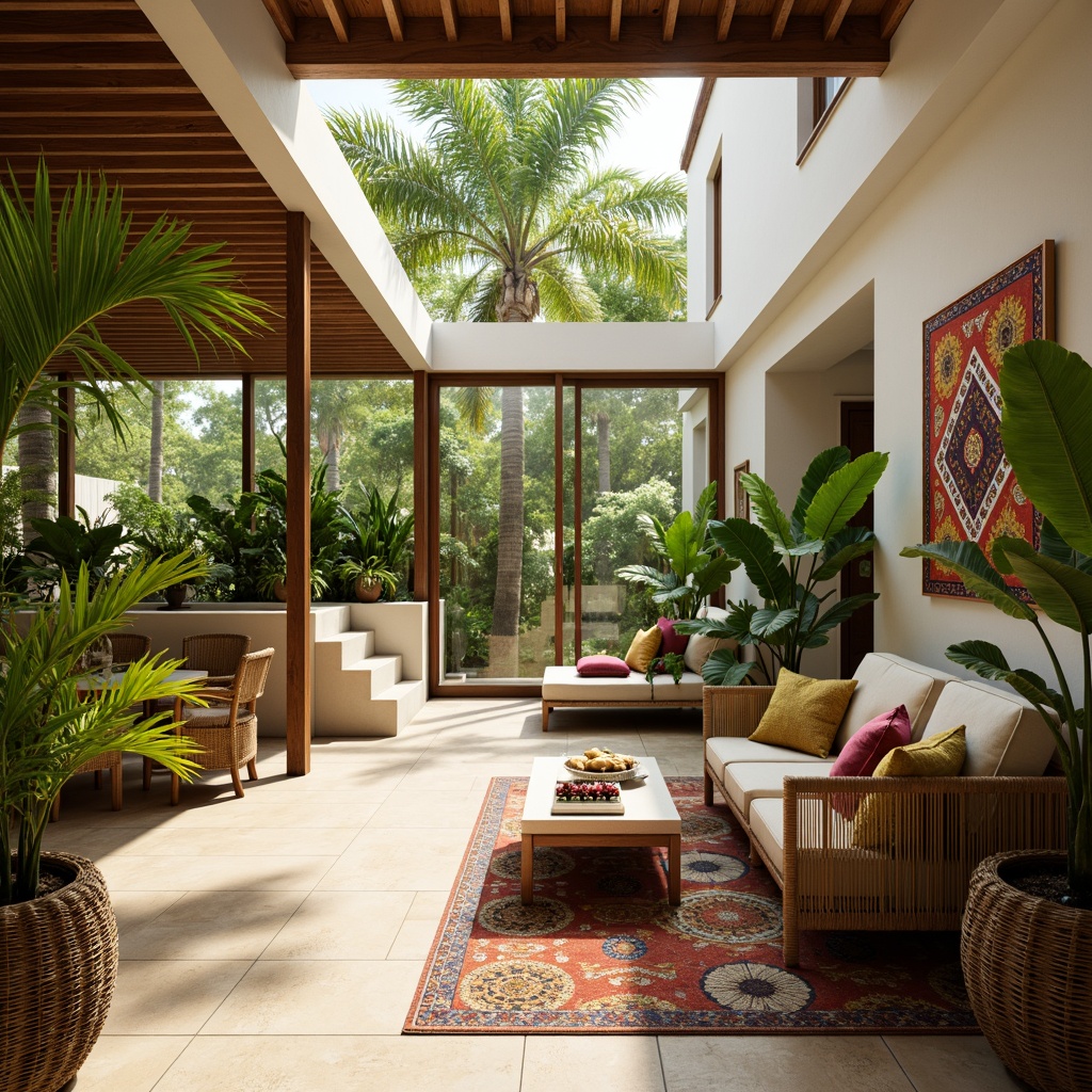 Prompt: Vibrant tropical plants, natural wood accents, woven rattan furniture, warm beige flooring, large sliding glass doors, open-plan living areas, high ceilings, airy atmosphere, soft diffused lighting, 1/1 composition, minimalist decor, exotic patterned textiles, colorful tribal-inspired artwork, lush greenery views, sunny day, shallow depth of field, realistic textures, ambient occlusion.