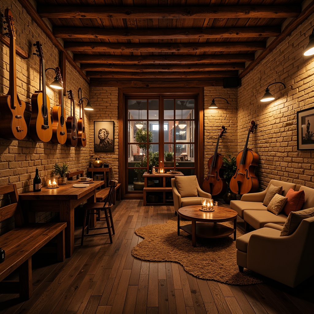 Prompt: Cozy music venue, rustic wooden decor, vintage instruments, dim warm lighting, intimate setting, scattered candles, stone walls, reclaimed wood floors, comfortable couches, plush armchairs, wooden benches, rustic tables, lantern-style lamps, natural textiles, earthy tones, soft acoustic sounds, relaxed atmosphere, 3/4 composition, shallow depth of field, panoramic view, realistic textures, ambient occlusion.