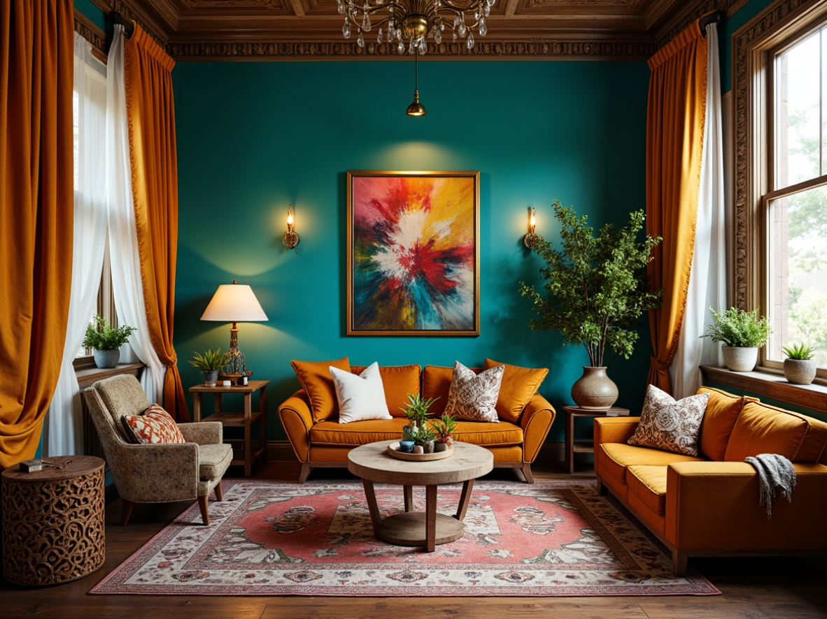 Prompt: Vibrant artistic studio, eclectic bohemian decor, rich turquoise walls, distressed wooden floors, plush velvet sofas, ornate gold frames, luxurious silk drapes, warm golden lighting, soft focus lens, 1/2 composition, intimate atmosphere, abstract expressionist artwork, bold colorful accents, whimsical patterns, textured fabrics, natural materials, artistic freedom.