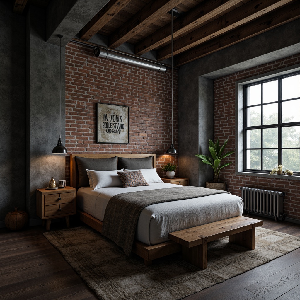 Prompt: Industrial bedroom, exposed brick walls, metal beams, reclaimed wood accents, distressed finishes, urban loft atmosphere, muted color scheme, dark grey tones, rich brown hues, deep blues, industrial-style lighting fixtures, Edison bulbs, metal shades, functional decorative elements, minimalist decor, bold typography, contrasting textures, rough-hewn wooden furniture, worn leather upholstery, atmospheric misty lighting, high contrast ratio, 1/2 composition, cinematic mood.