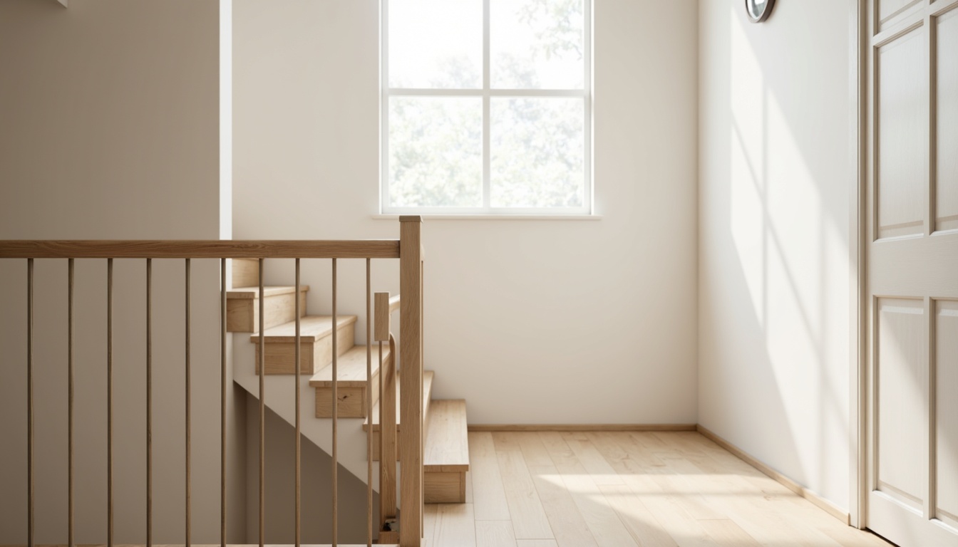 Prompt: Light-filled Scandinavian staircase, wooden handrail, minimalist design, oak wood flooring, pale beige tones, matte finish, wide planks, subtle texture, Nordic-inspired aesthetic, natural light pouring in, airy atmosphere, sleek metal balusters, simple yet elegant design, neutral color palette, warm and inviting ambiance, shallow depth of field, 3/4 composition, realistic textures, ambient occlusion.