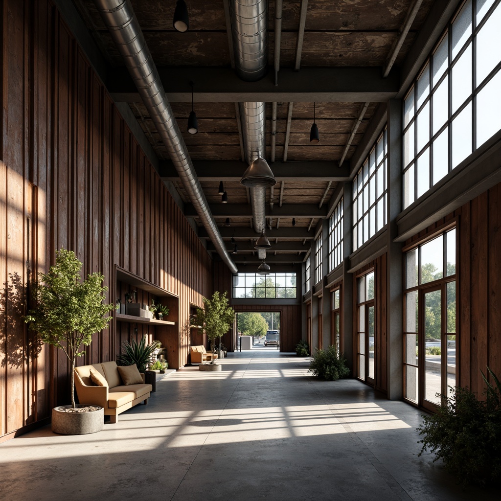 Prompt: Industrial-chic warehouse, corrugated metal fa\u00e7ade, weathered rusty tones, contrasting smooth glass surfaces, exposed ductwork, reclaimed wooden accents, polished concrete floors, modern minimalist decor, edgy urban atmosphere, dramatic high ceilings, diffused natural light, moody shadows, 3/4 composition, gritty textures, cinematic lighting.